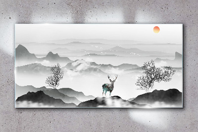 Peaceful landscape with deer Wall art on glass
