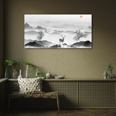 Peaceful landscape with deer Wall art on glass