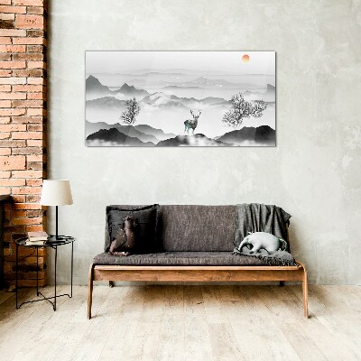 Peaceful landscape with deer Wall art on glass