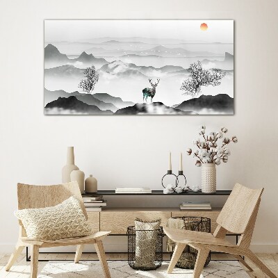 Peaceful landscape with deer Wall art on glass