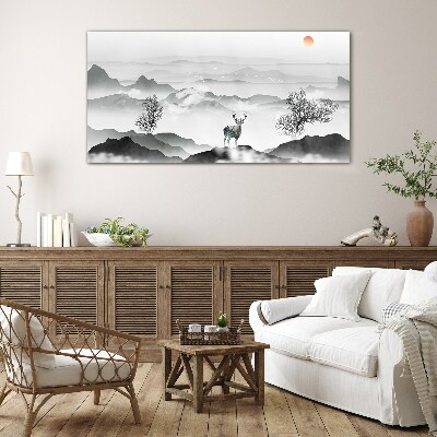 Peaceful landscape with deer Wall art on glass