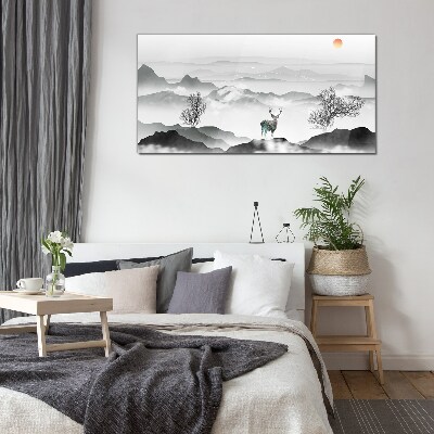 Peaceful landscape with deer Wall art on glass