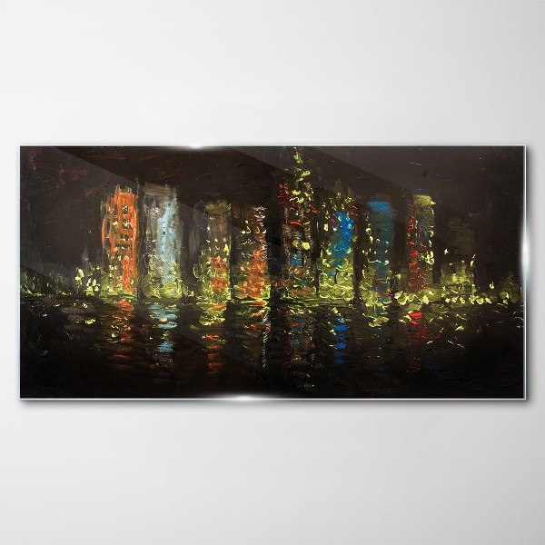 The city at night in the glow of lights Glass art print