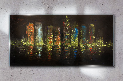 The city at night in the glow of lights Glass art print