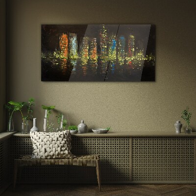 The city at night in the glow of lights Glass art print