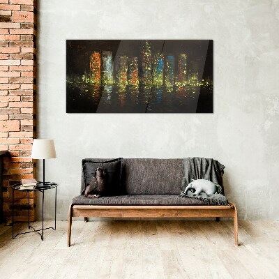 The city at night in the glow of lights Glass art print