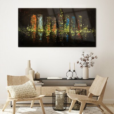 The city at night in the glow of lights Glass art print