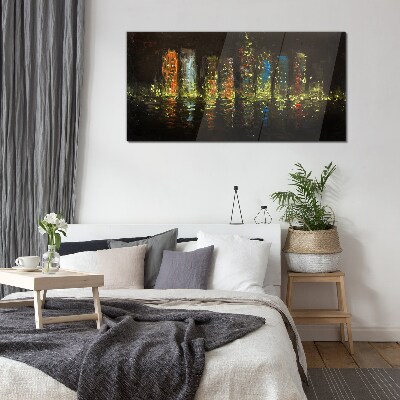 The city at night in the glow of lights Glass art print