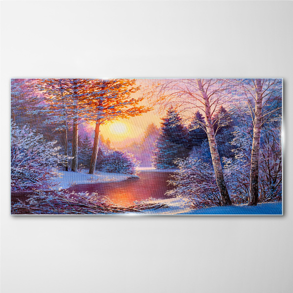 Winter twilight over the river Wall art on glass