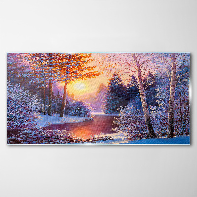 Forest river snow sunset Glass Wall Art