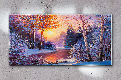 Winter twilight over the river Wall art on glass