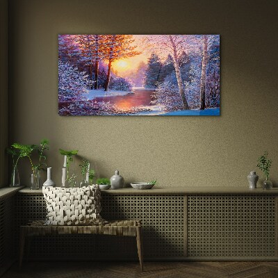 Winter twilight over the river Wall art on glass