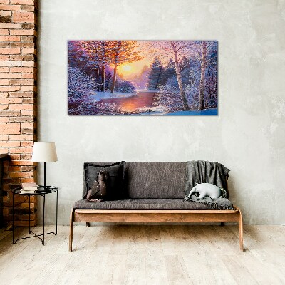 Winter twilight over the river Wall art on glass