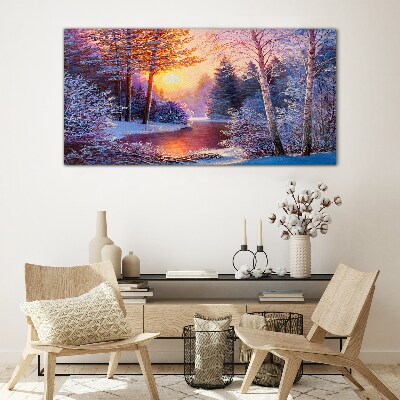 Winter twilight over the river Wall art on glass