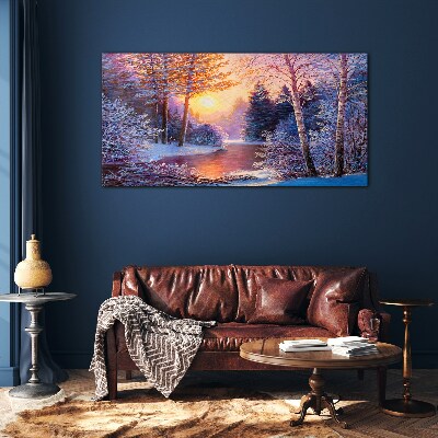 Winter twilight over the river Wall art on glass