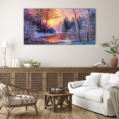 Winter twilight over the river Wall art on glass