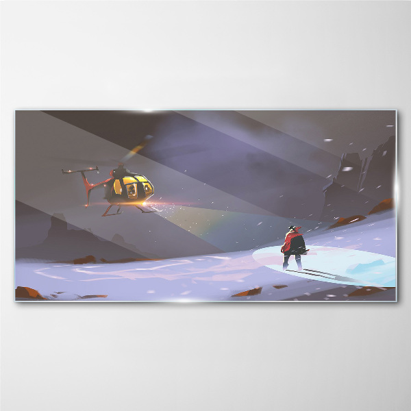 Helicopter in a mountain landscape Glass art print