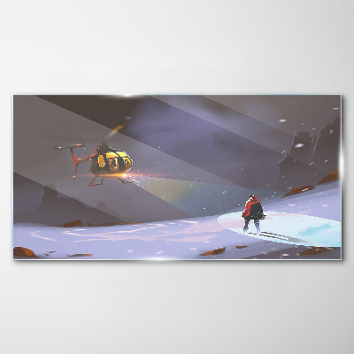 Helicopter in a mountain landscape Glass art print