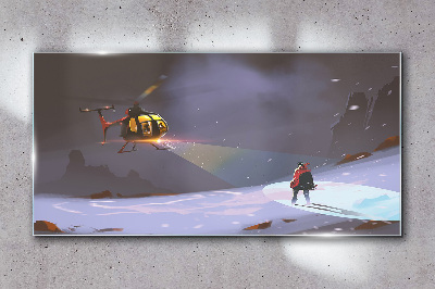 Helicopter in a mountain landscape Glass art print