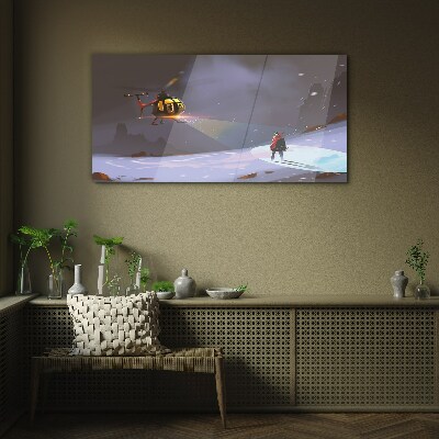 Helicopter in a mountain landscape Glass art print