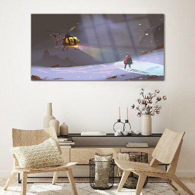 Helicopter in a mountain landscape Glass art print
