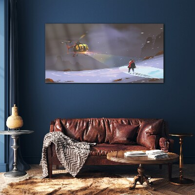Helicopter in a mountain landscape Glass art print