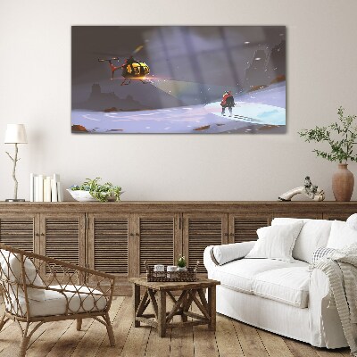Helicopter in a mountain landscape Glass art print