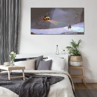 Helicopter in a mountain landscape Glass art print