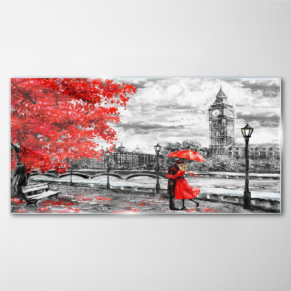 Red umbrella in rainy London Wall art on glass