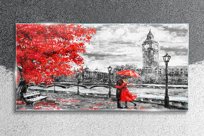 Red umbrella in rainy London Wall art on glass