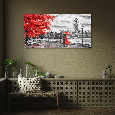 Red umbrella in rainy London Wall art on glass
