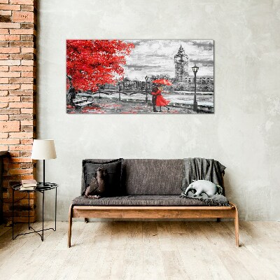 Red umbrella in rainy London Wall art on glass