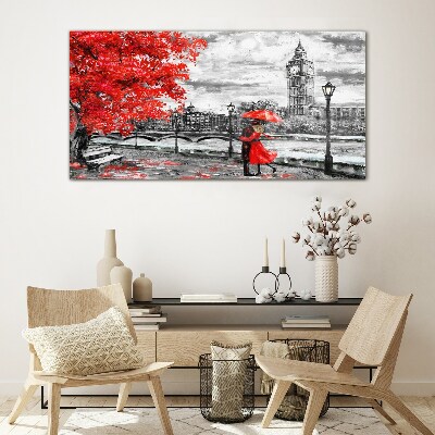 Red umbrella in rainy London Wall art on glass