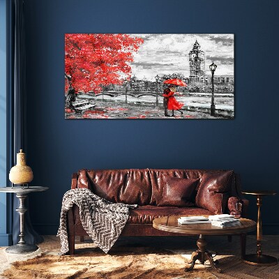 Red umbrella in rainy London Wall art on glass