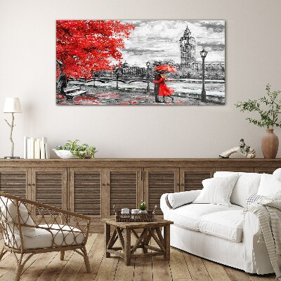 Red umbrella in rainy London Wall art on glass