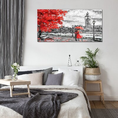 Red umbrella in rainy London Wall art on glass