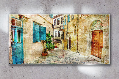 Charming streets in pastel colors Wall art on glass