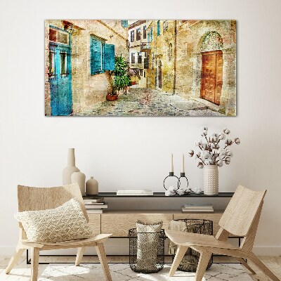 Charming streets in pastel colors Wall art on glass
