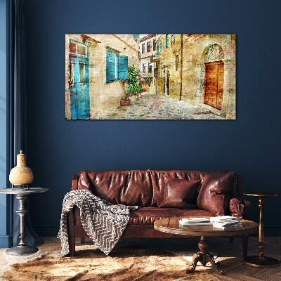 Charming streets in pastel colors Wall art on glass
