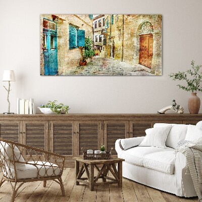 Charming streets in pastel colors Wall art on glass