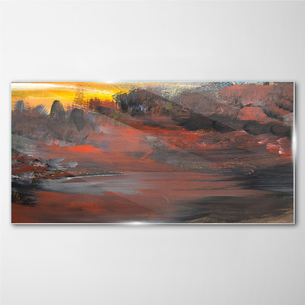 Sunset over a volcanic landscape Wall art on glass