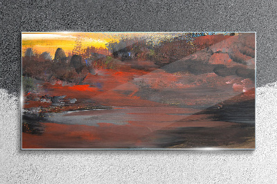 Sunset over a volcanic landscape Wall art on glass