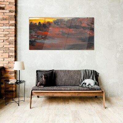 Sunset over a volcanic landscape Wall art on glass