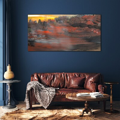 Sunset over a volcanic landscape Wall art on glass