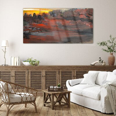 Sunset over a volcanic landscape Wall art on glass