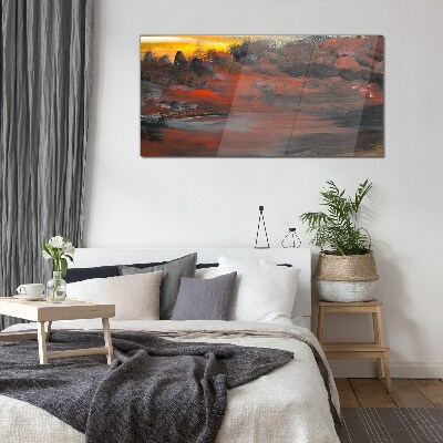 Sunset over a volcanic landscape Wall art on glass