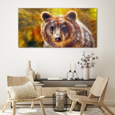 Face of a bear in golden tones Glass art print