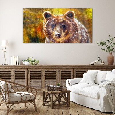 Face of a bear in golden tones Glass art print