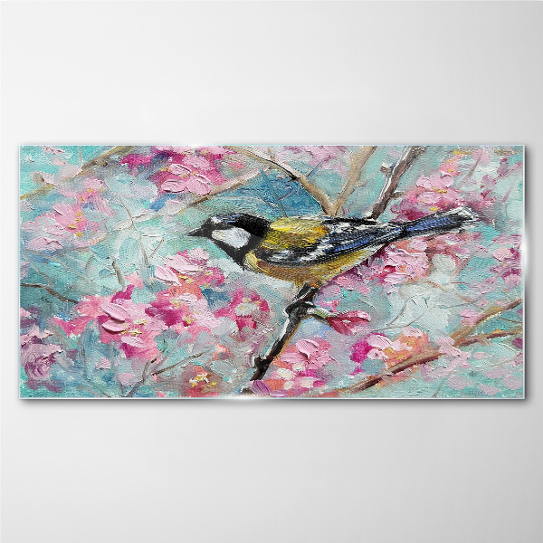 Spring bird singing on a branch Wall art on glass