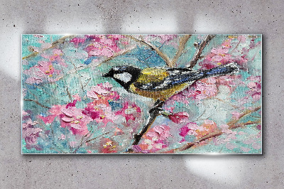 Spring bird singing on a branch Wall art on glass